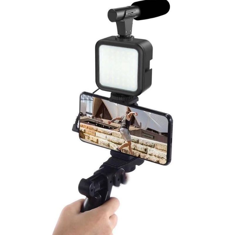 Vlogging Kit Paket Video Making 5in1 AY49 LED Tripod  Phone Holder Hp Handphone