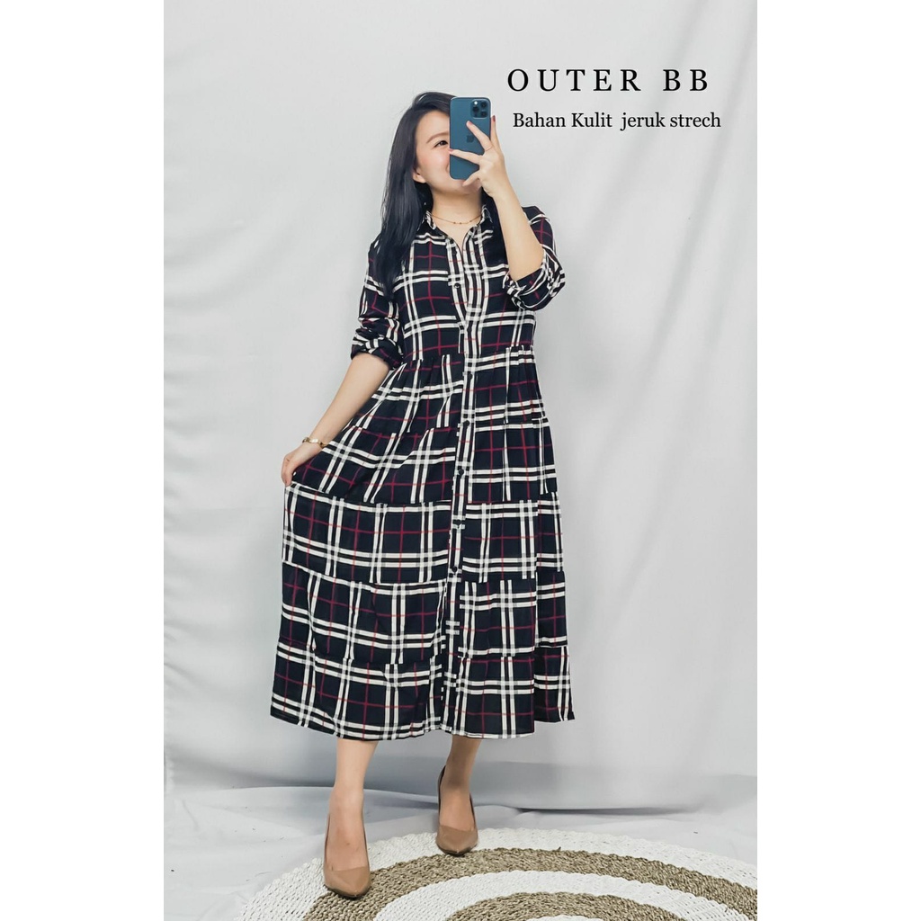 HOPYLOVY - Maxi Dress Outer Wanita Lengan Panjang Kotak-Kotak Outer BB Saliska