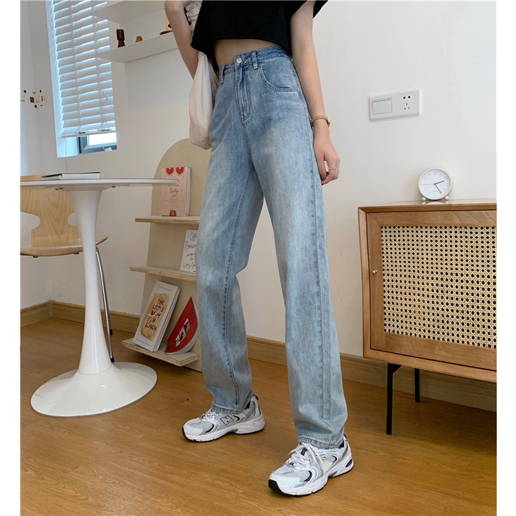 New Korean retro high-waist loose jeans straight-legged wide-legged celana panjang Wanita