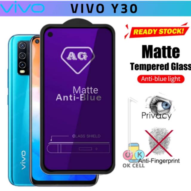 Tempered Glass Blue Matte VIVO Y30 TG Anti Gores Full Layar Anti Radiasi Ray Screen Protector