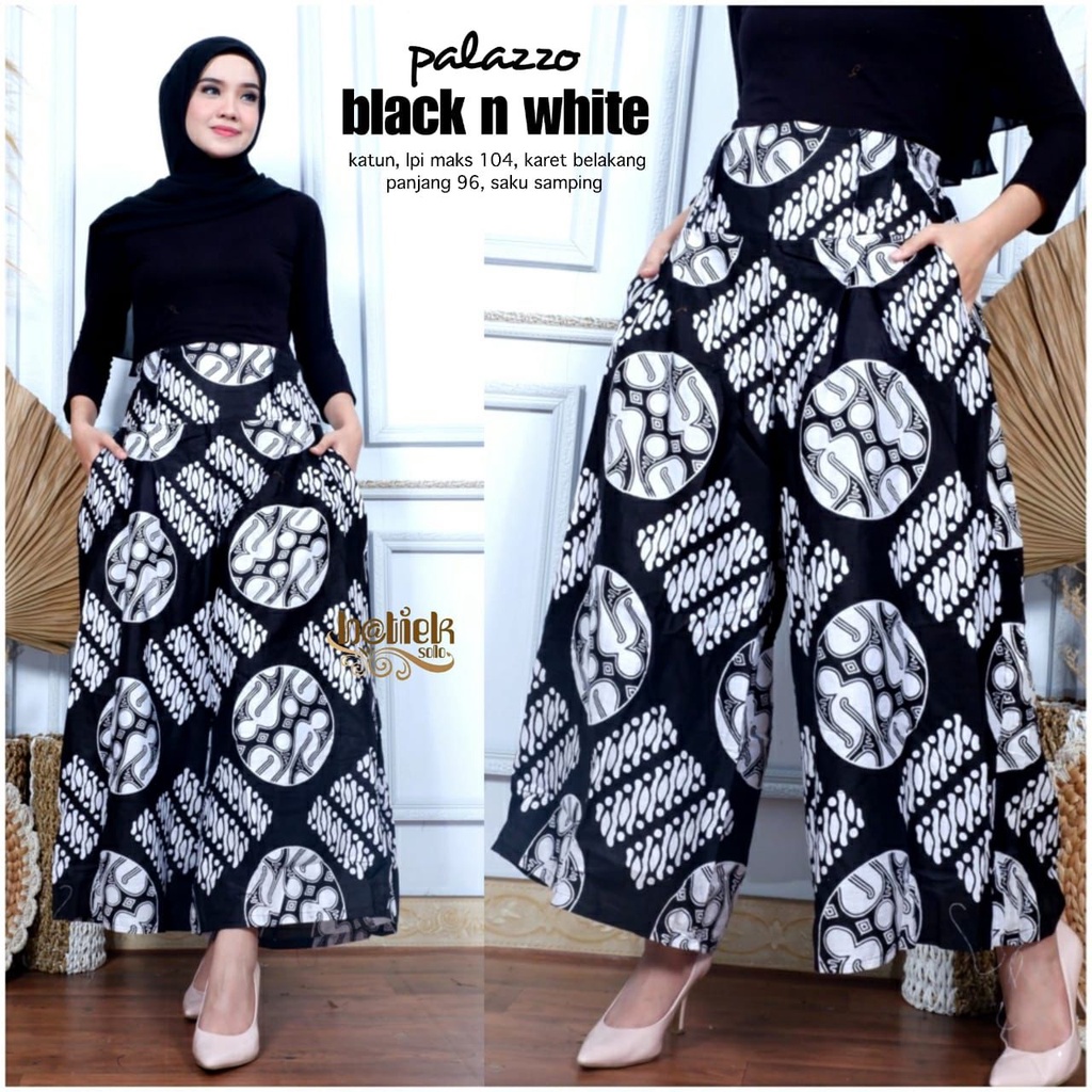 Kulot Palazzo Black N White Batik Celana Jumbo Wanita Casual Celana Panjang Bawahan Kulot Motif-Koin