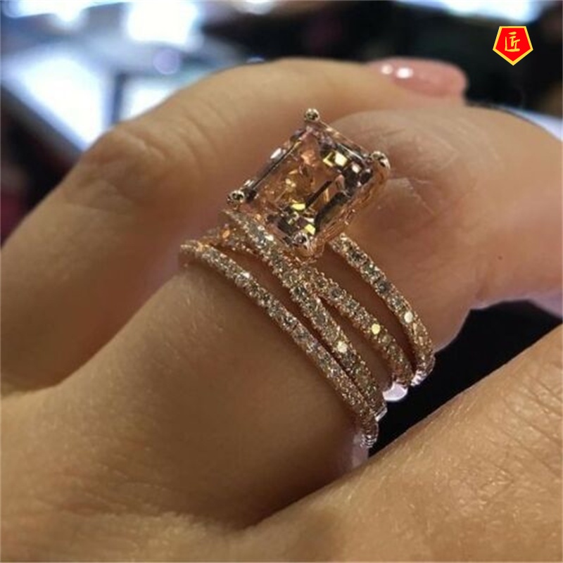 [Ready Stock]14K Rose Gold Rhinestone Square Ring Fashion Niche