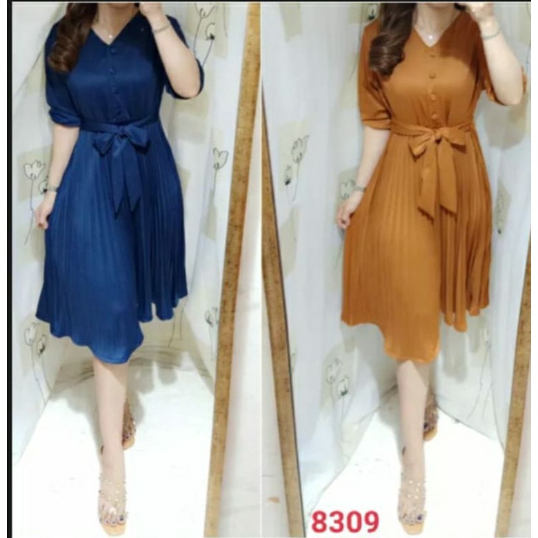 Dress Casual Formal Fashion Korean daster Wanita kombinasi Plisket