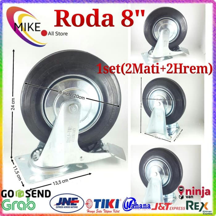 Roda Troli 8" 1set(2M+2Hrem) Roda Karet 8inchi etalase 8 inch Troly