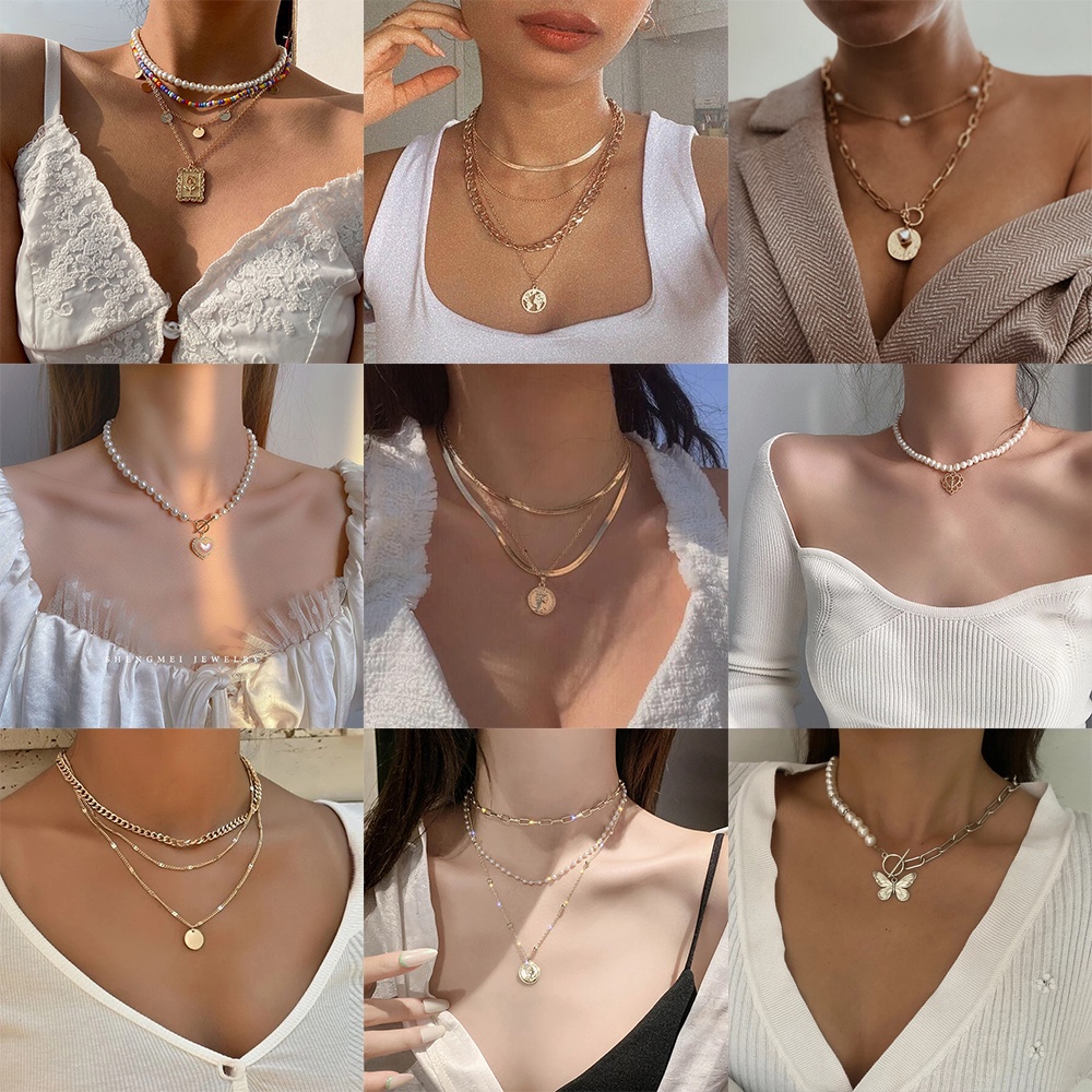 YEEZII Kalung Choker Rantai Banyak Lapis Dengan Liontin Kupu-Kupu + Kristal + Mutiara Untuk Wanita