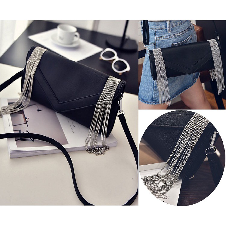 tas selempang hitam tali panjang biasa import wanita santai casual bag
