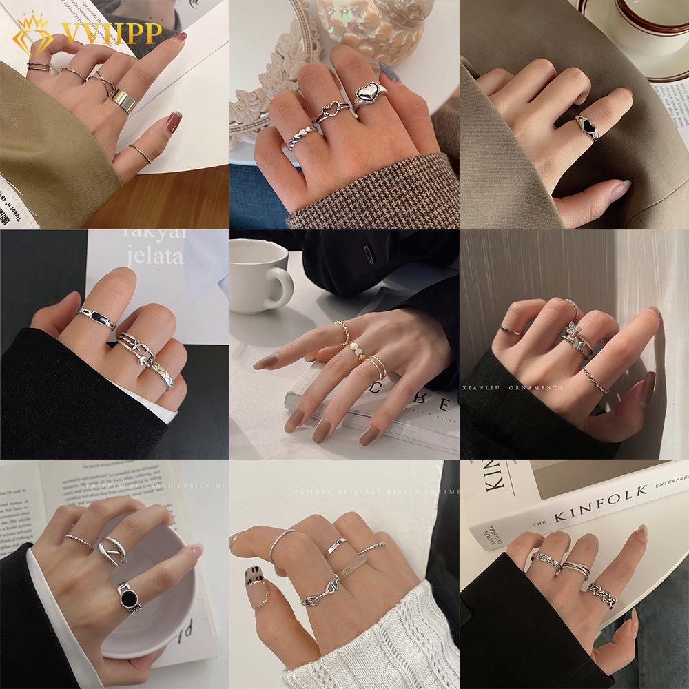 Set Cincin Bentuk Hati Geometris Model Hollow Gaya Korea Untuk Wanita