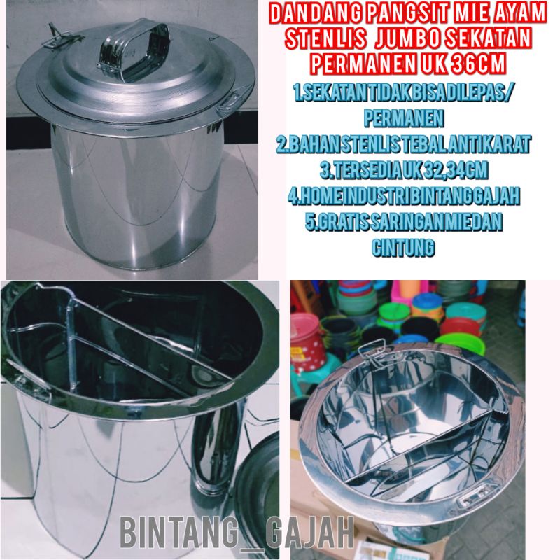 DANDANG PANGSIT MIE AYAM SEKATAN PERMANEN UK JUMBO 36CM stenlis gratis cintung kuah+saringan mie