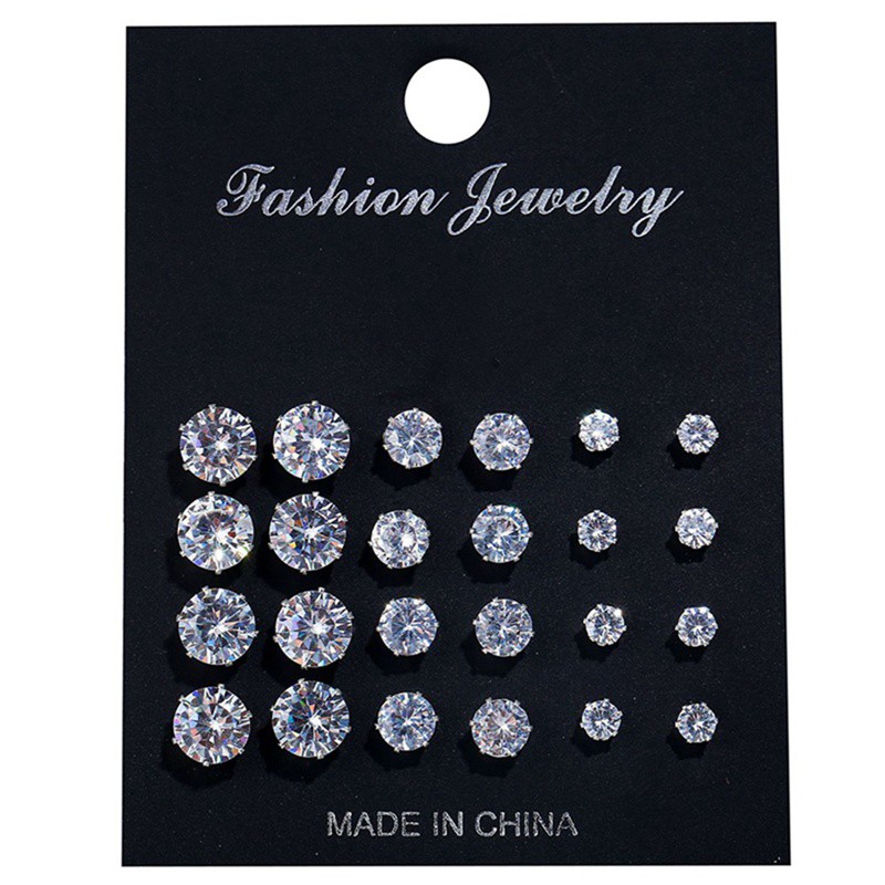 12 Pasang / Set Anting Tusuk Kristal Zircon Stainless Steel untuk Wanita