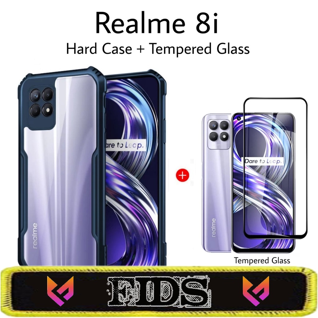 (PROMO PAKET) 2in1 Hard Case REALME 8i Shockproof Fusion FREE Tempered Glass Layar Screen Guard Anti Gores  Layar Premium Handphone