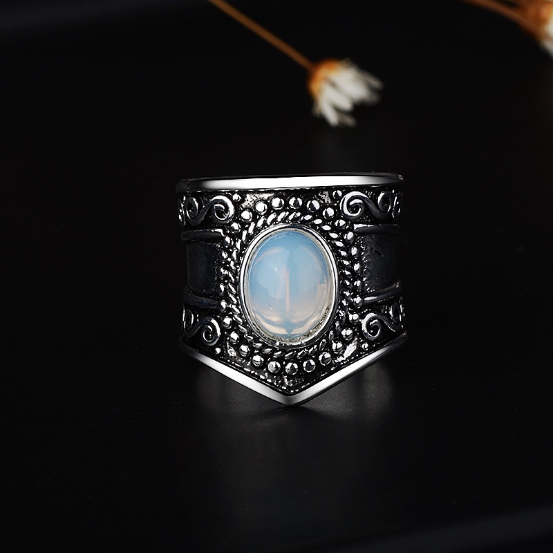 Cincin Lebar Seri Wanita 925 Perak Vintage Moonstone