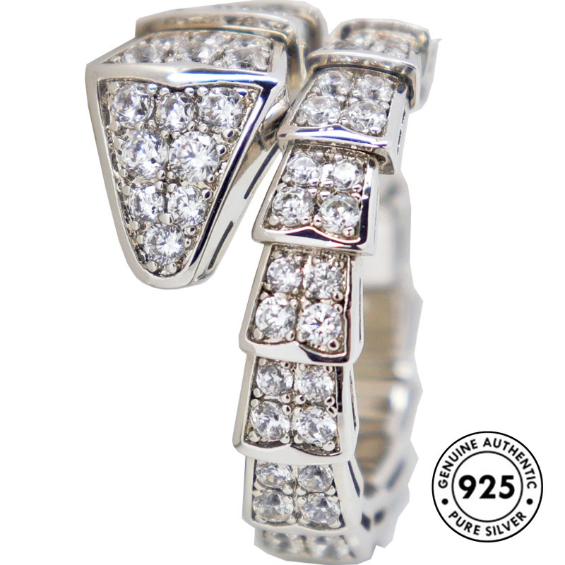 Cincin Model Terbuka Desain Ular Bahan S925 Silver Aksen Berlian