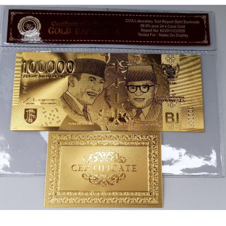 Serba murah Uang souvenir gold foil  rupiah soekarno hatta NKRI baru lengkap dengan plastik frame CO