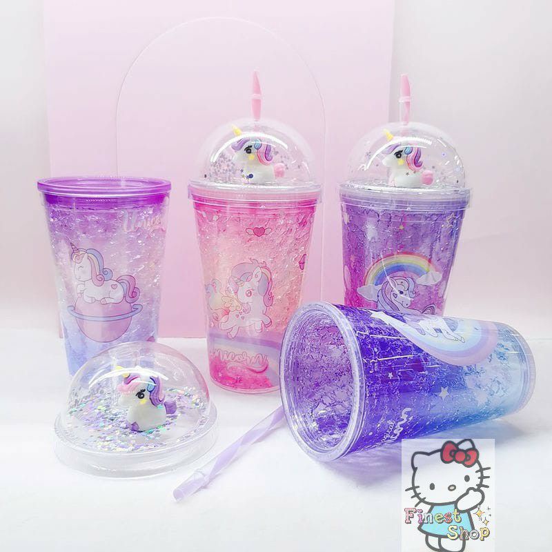 Tumbler Unicorn Gelas GLITTER Tempat Minum SANRIO Cinnamoroll Kuromi Melody Kitty Sedotan Bubble Rainbow Sparkle Blink Kristal Unik Double Wall Cup Glass Kado Hadiah Botol Minum Hologram Design Gelas Lampu Unik Light Glass Bottle Straw Cup