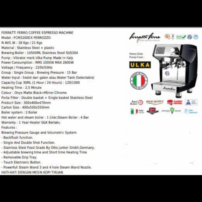 Ferrati Ferro Espresso Machine FCM 3200DX - Hitam