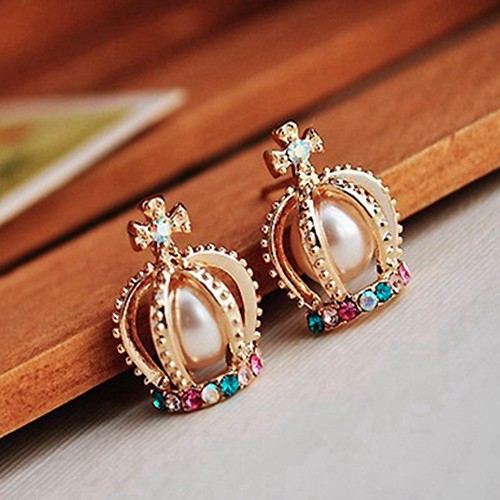 Anting Model Ear Stud Berhias Mutiara Imitasi Warna-warni Bentuk Mahkota Putri