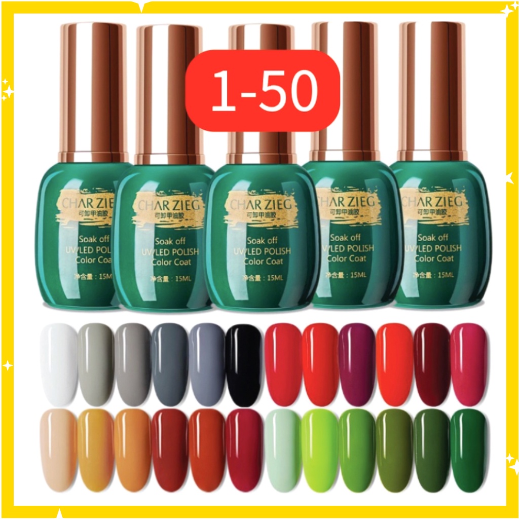 (1-50) CHARZIEG Kutek Soak Off Gel 15 ml Halal UV Polish Cat Kuku Tahan 2 Bulan KU007