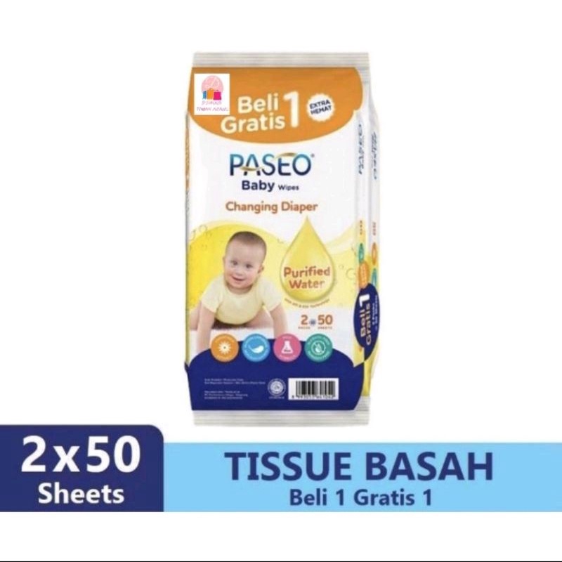 Paseo Baby Wipes Tissue Basah isi 50 Beli 1 Gratis 1