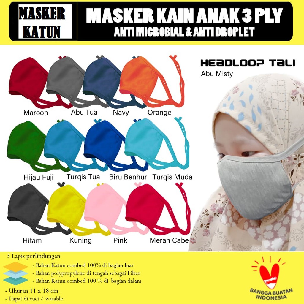 3 Lapis Masker Anak Kain Katun Lembut Optimal Menahan Droplet Model Polos 3 Ply ATM - Non Medis