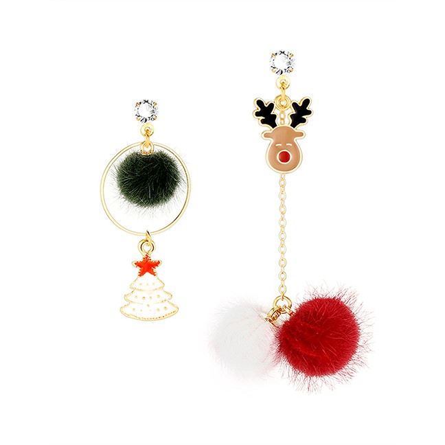 LRC Anting Tusuk Natal Fashion Color Little Elk Hair Ball Asymmetrical Oil Drop Earrings P50292