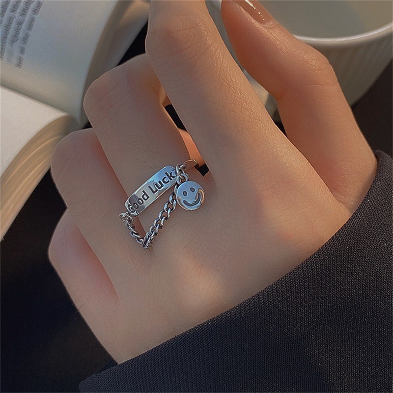 Cincin Rantai Model Terbuka Desain Smiley Face Bahan s925 Silver Gaya Thailand