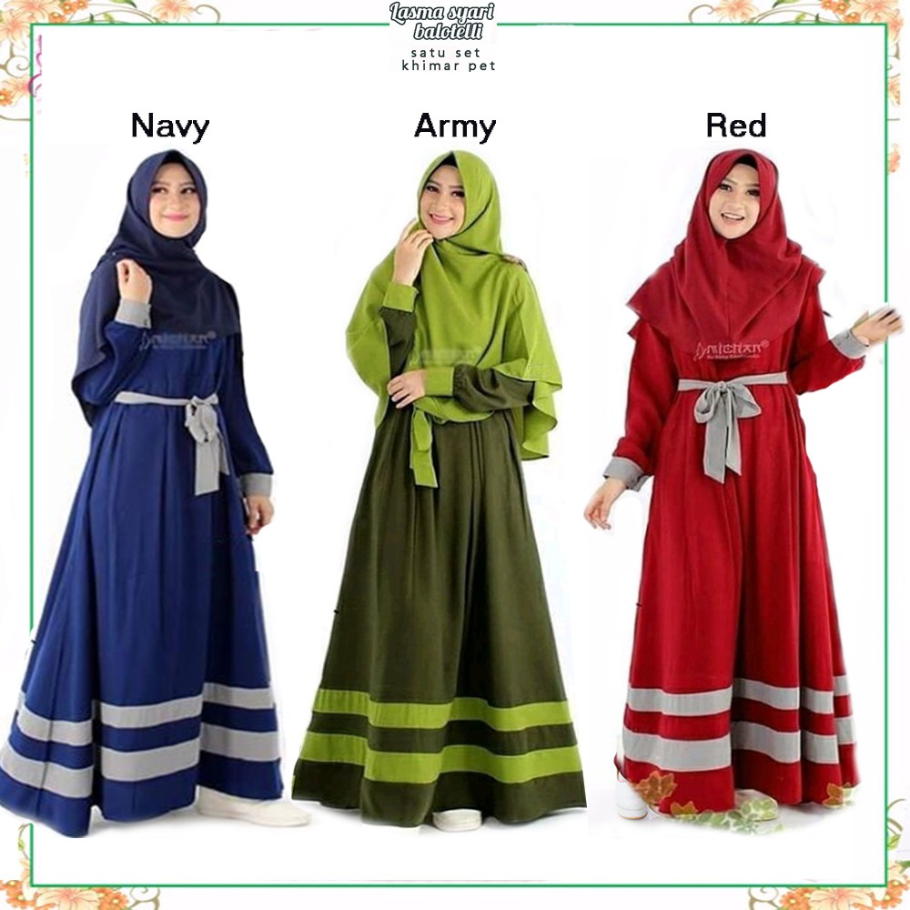 Dress set hijab NS007 Gamis Wanita Leisha Syari Motif Polos Strip Bawah