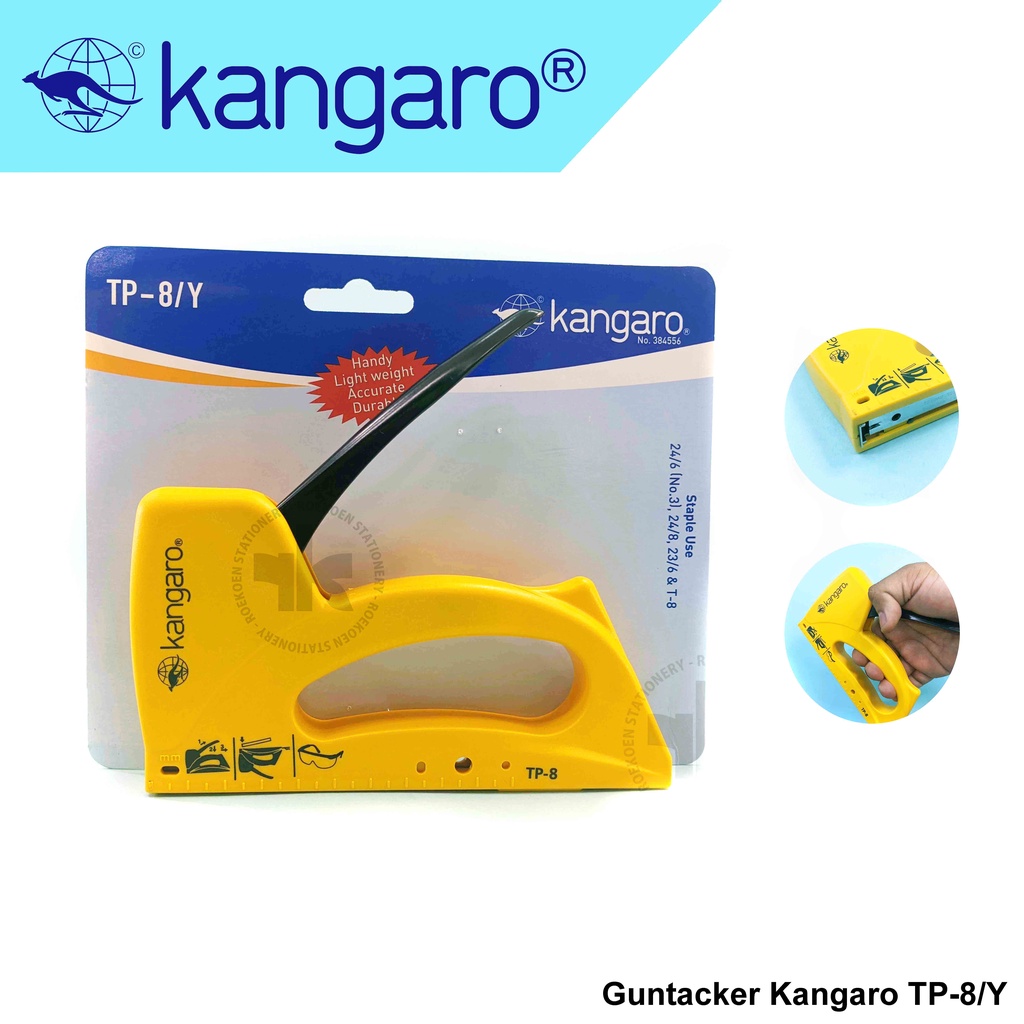

Kangaro Guntacker Stapler Tembak TP-8/Y (T8) (No 3) 24/6 (No 12) 23/6 (Blister Pack) Kuning Handle Hitam