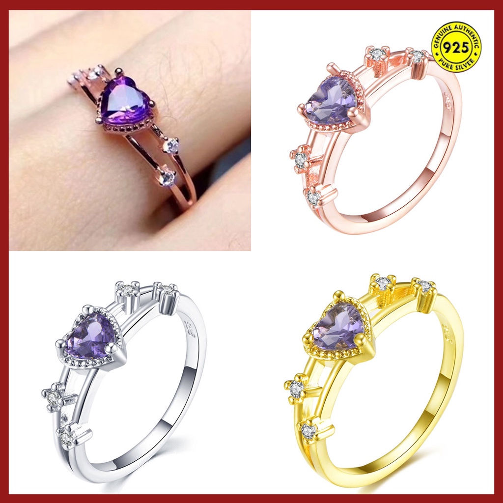 Cincin S925 Silver Rose Gold 18k Bentuk Hati Aksen Kristal Ungu