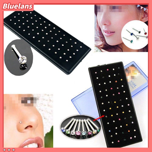 60pcs Cincin Stud Tindik Tubuh Hidung Bahan Baja Aksen Kristal Berlian Imitasi Untuk Perhiasan