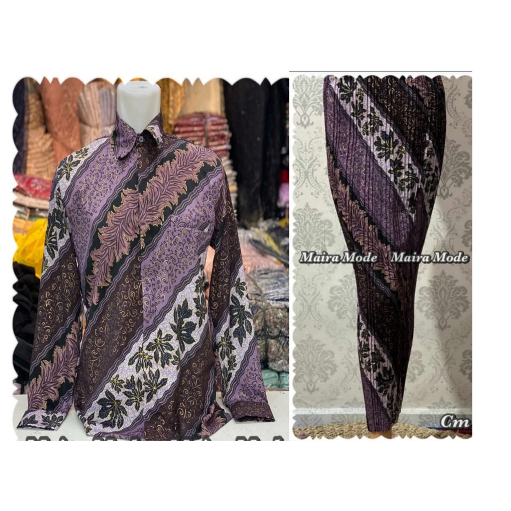 Couple batik kemeja dan rok plisket / set rok plisket dan kemeja batik / motif cm lilac