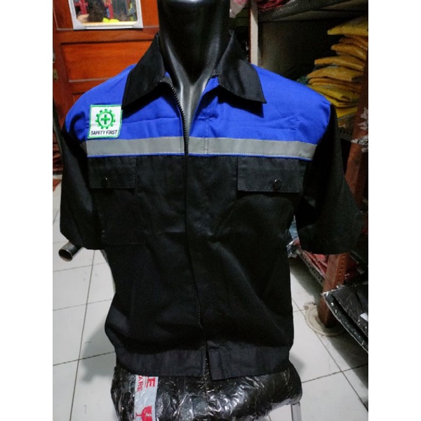 SERAGAM SAFETY RESLETING BIRU HITAM LENGAN PENDEK FREE LOGO K3 BENDERA