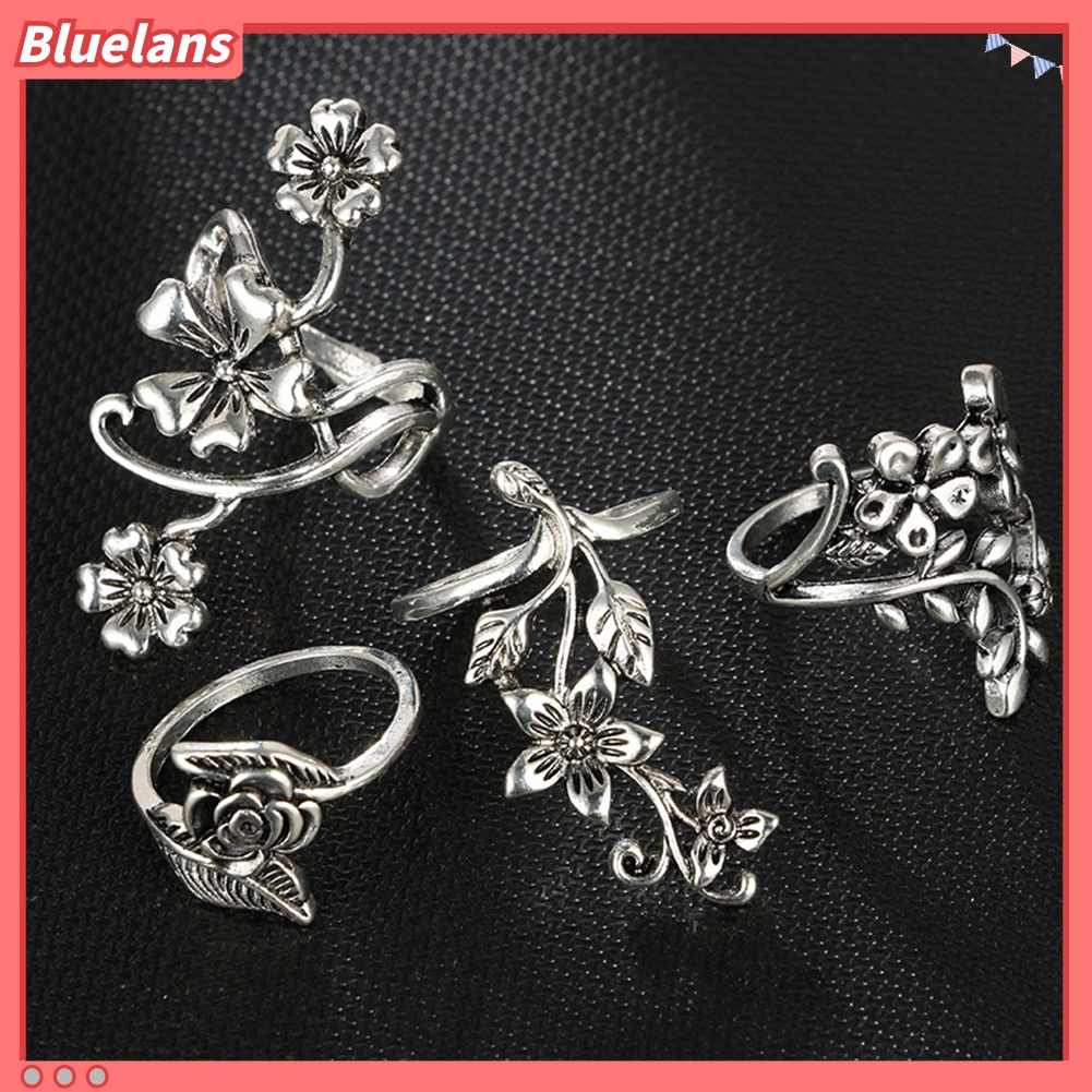 Bluelans Set Cincin Jari Desain Bunga Daun Merambat Gaya Vintage Untuk Wanita