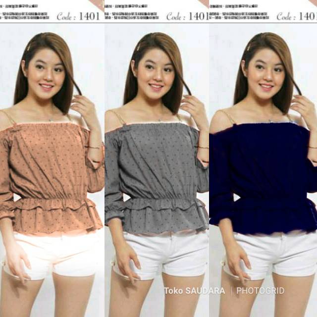 Blouse sabrina tangan 3/4 kerut tali pundak rantai