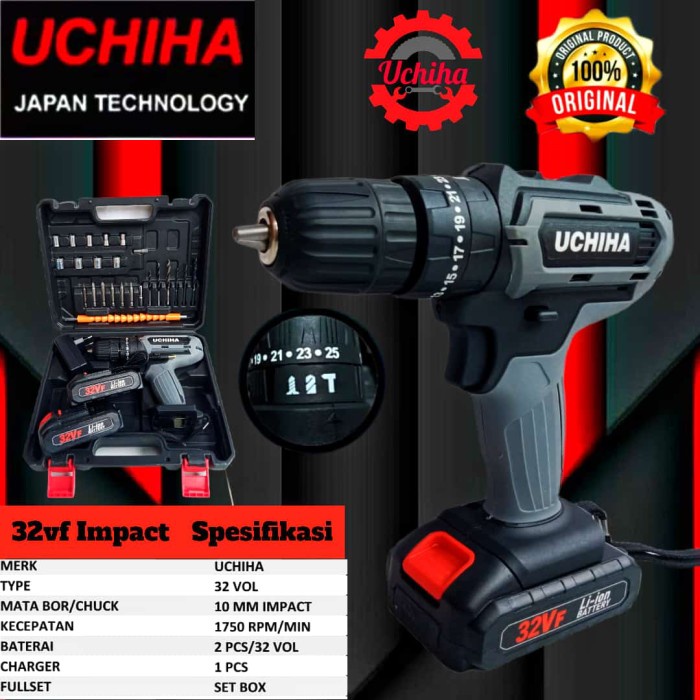 MESIN BOR BATERAI CORDLESS DRILL UCHIHA 32V BETON KAYU IMPACT