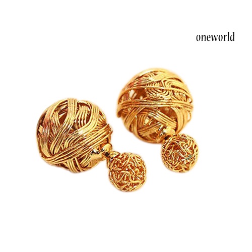 OW@ Women's Fashion Jewelry Double Sides Two Gold Plated Ball Hollowed Studs Earrings