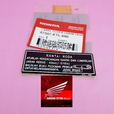 LABEL COVER CHAIN CASE STICKER STIKER INFORMASI RANTAI RODA SUPRA FIT NEW REVO 100 ORIGINAL HONDA