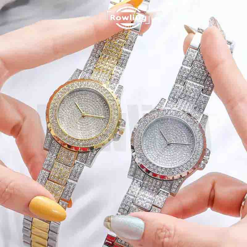 Rowling (Jam-28) Jam Tangan Wanita Bulat Besar Stainless Jam Tangan Wanita Full Diamond dengan Strap Stainless Steel Import#28