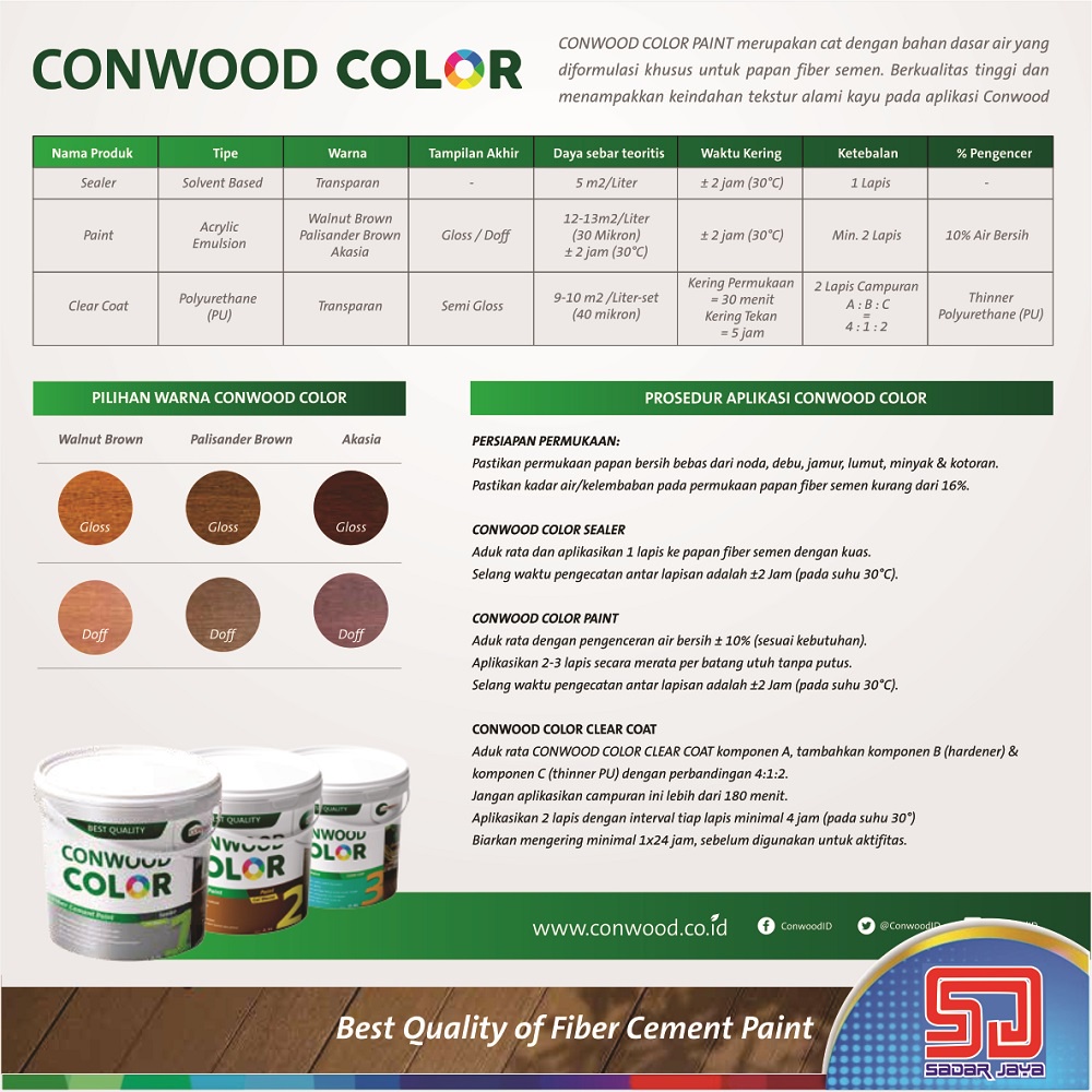 Conwood Color Warna Kayu Doff 1 Liter Cat Lisplang Fiber Cement Silikat GRC Plavon Partisi Walnut Palisander Akasia