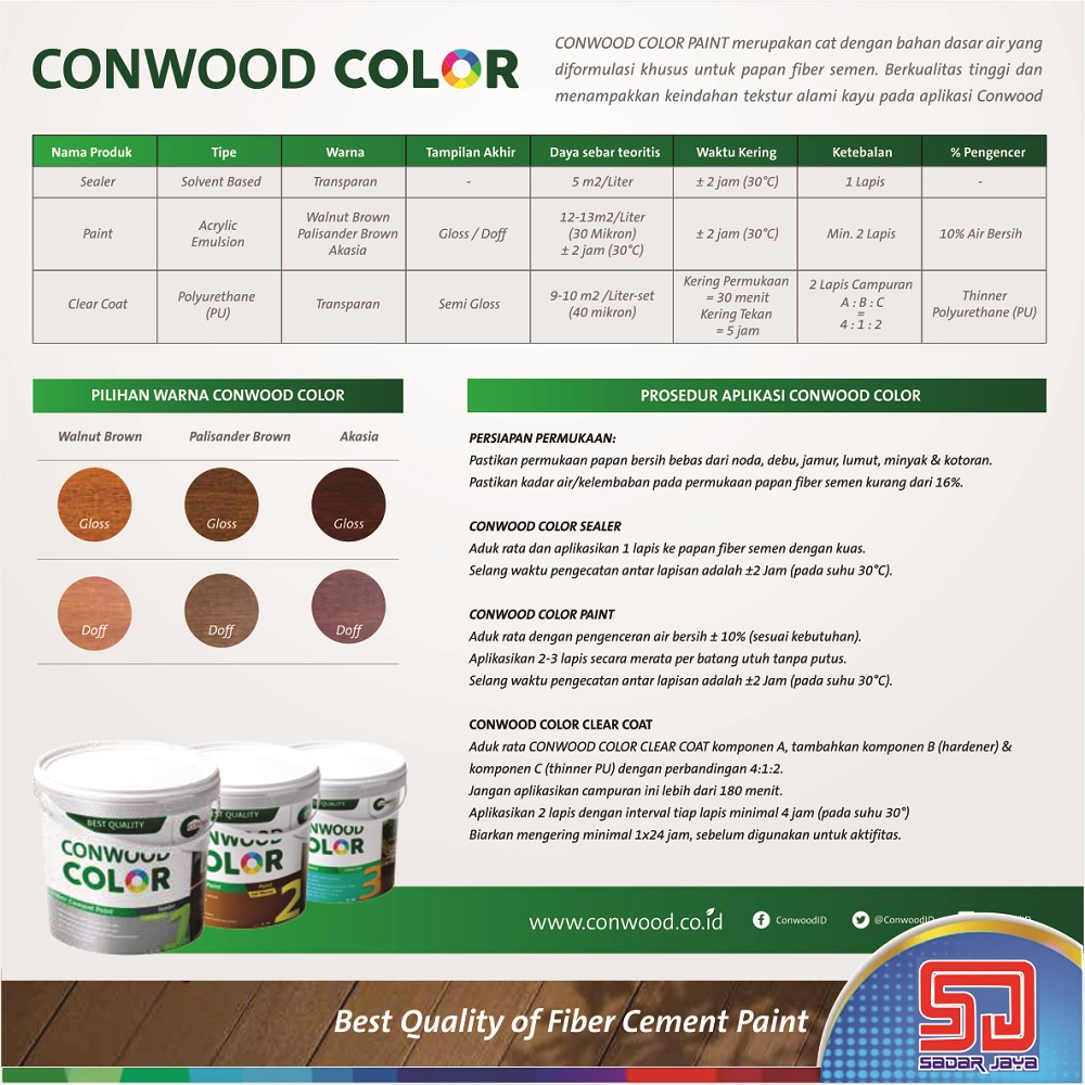 Conwood Color Warna Kayu Doff 2.5 Liter - Cat Lisplang Fiber Cement Silikat GRC Plavon Partisi Walnut Palisander Akasia Galon