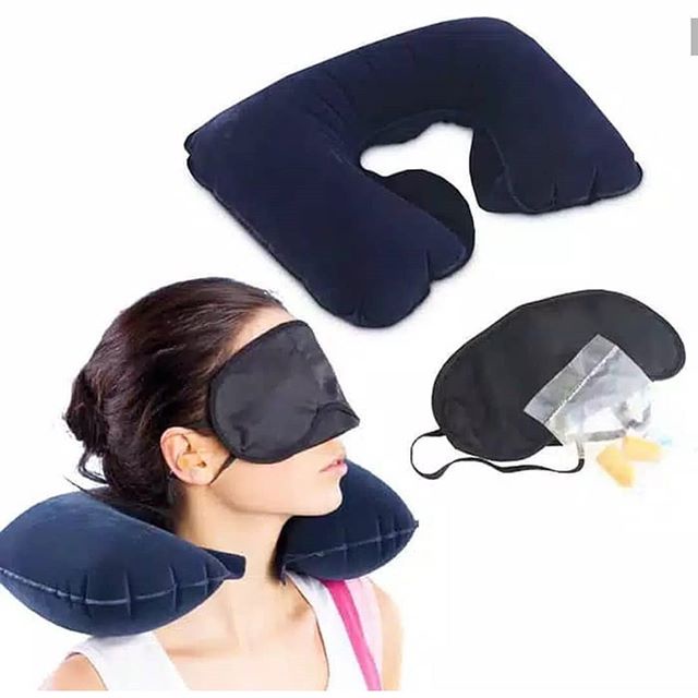 Travel Inflatable Travel Pillow Bantal Leher Set Tutup Mata Bantal Mobil Travel