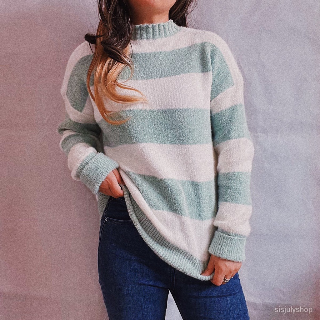 #Sisjuly# Wanita Kasual Tebal Bergaris Warna Permen Crew Neck Lengan Panjang Sweater Rajut Pullover