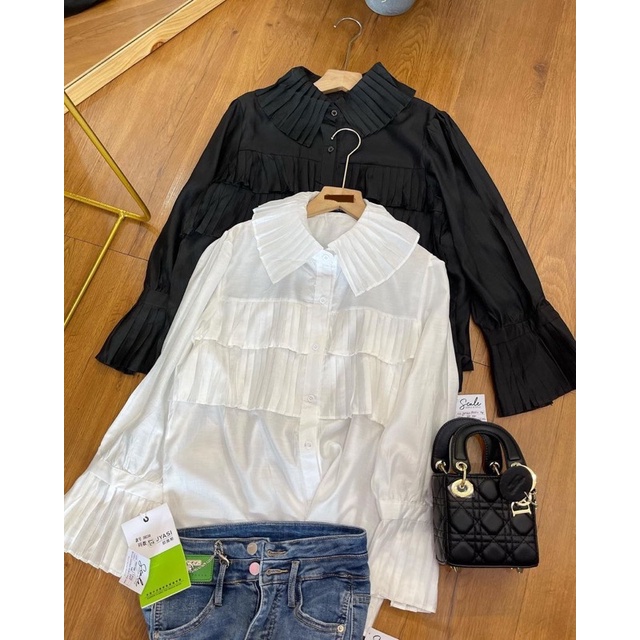 Kemeja Blouse Silky ruffle pleats rachel premium import bangkok bkk