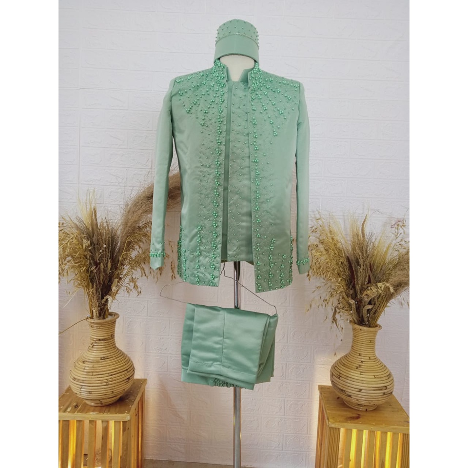 BESKAP BASOFI PENGANTIN PRIA HIJAU WARDAH MOTIF PAYET TABUR DADA