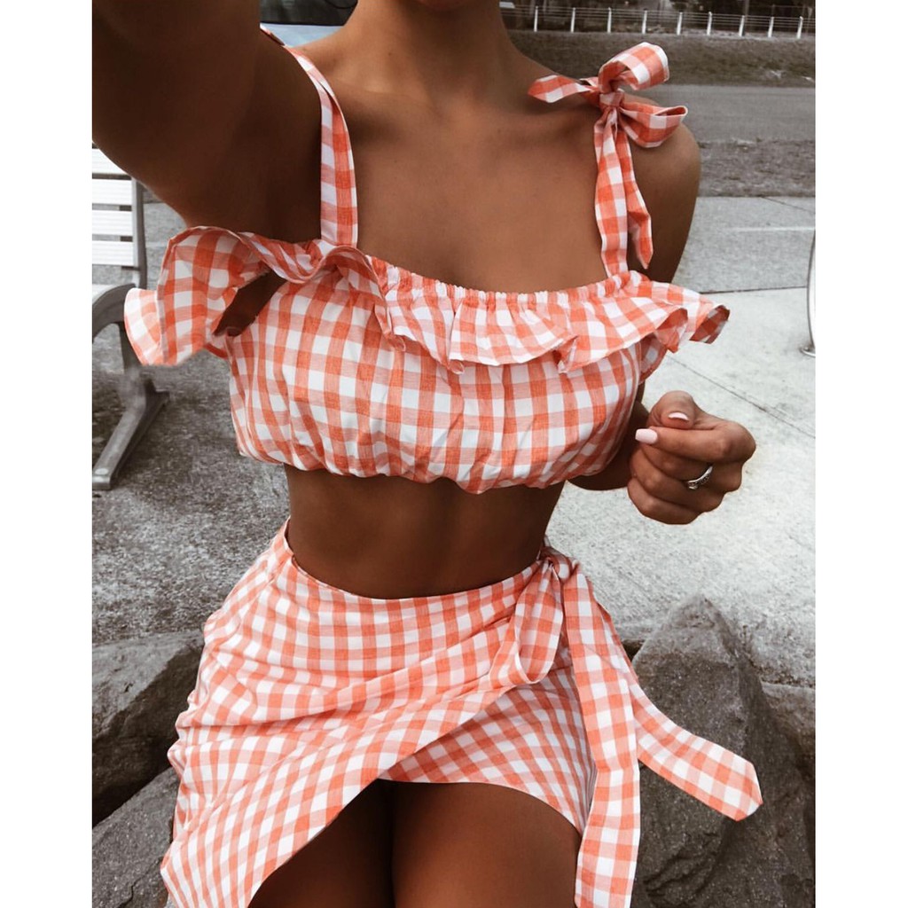 Fashion Two piece set Women Boho Summer Beach checkerboard gingham Crop Top Party Short