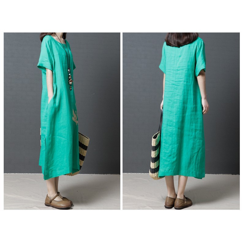 Dress Midi Wanita Casual Model O-Neck Longgar Bahan Katun Linen Versi Korea