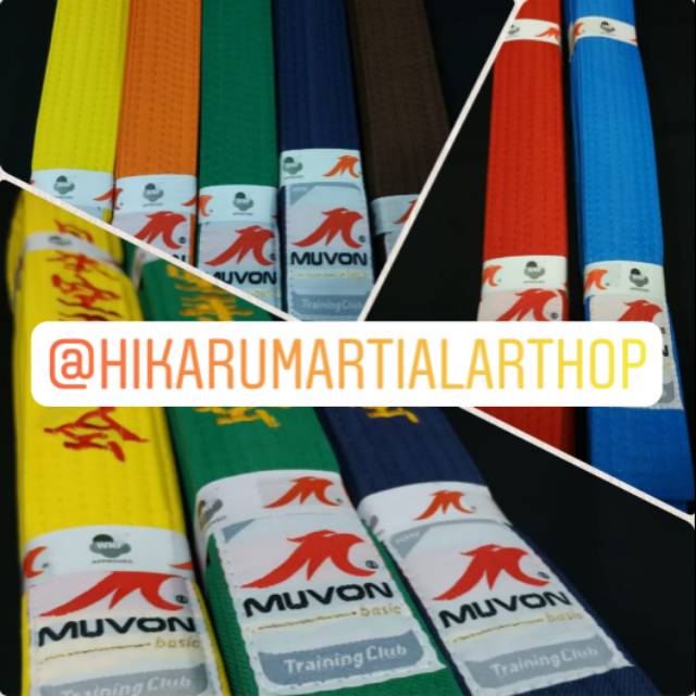 Sabuk karate bordir kanji merk muvon wkf approved warna kuning, orange, hijau , biru, merah, cokelat