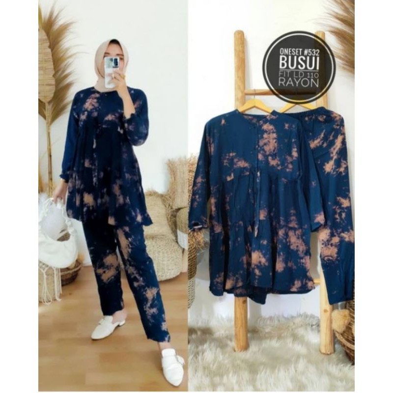 [BISA COD] Setelan Tie Dye Lengan Panjang One Set Rayon