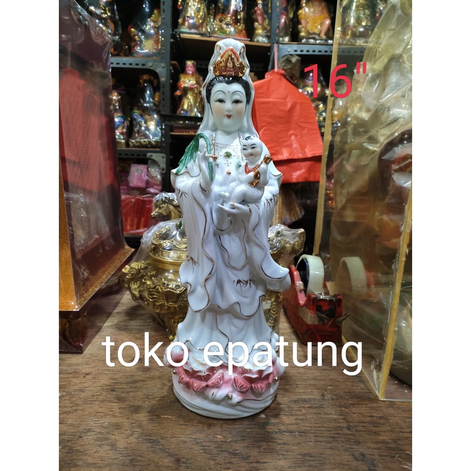 patung dewi kwan im guan yin gendong anak berdiri 16 inch keramik