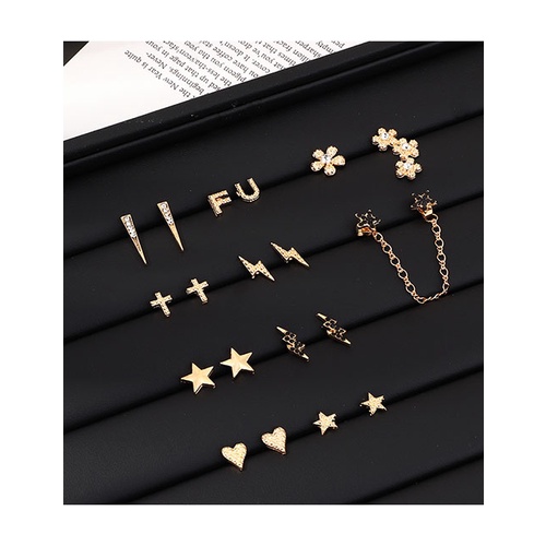 LRC Anting Tusuk Fashion Golden Diamond Flower Lightning Alphabet Flower Alloy Earring Set K01122