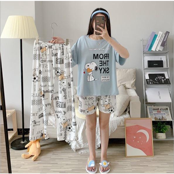 AJW Shop Piyama 3 in 1 | Piyama Lengan Pendek | Baju Tidur Impor | Baju Tidur 3in1-Snoopy From Sky